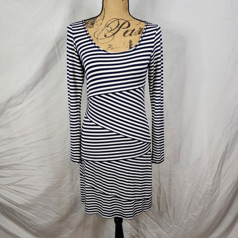 MAX STUDIO Size Medium Navy Striped Layered Preppy Long‎ Sleeve Bodycon Dress